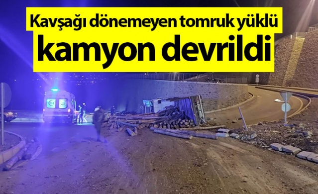 Artvin'de kavşağı dönemeyen tomruk yüklü kamyon devrildi: 1 yaralı. Foto Haber 1