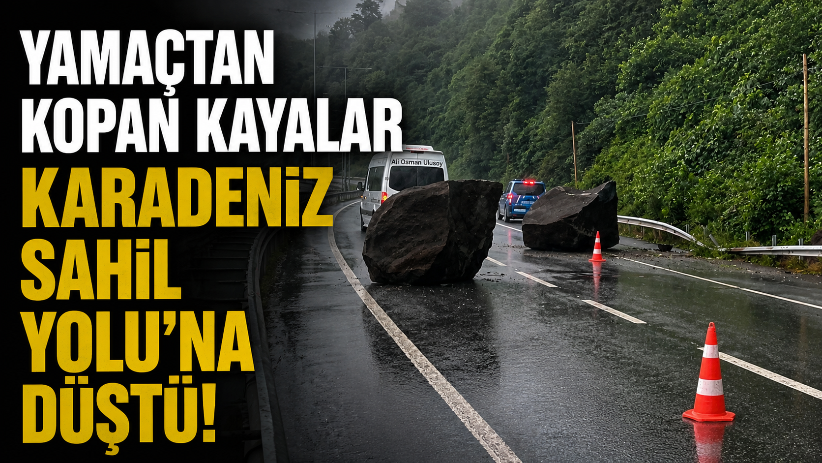 Yamaçtan kopan kayalar Karadeniz Sahil Yolu'na düştü