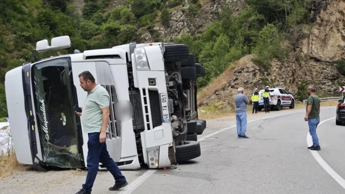 Gümüşhane'de balık yemi yüklü tır devrildi, sürücü yaralandı