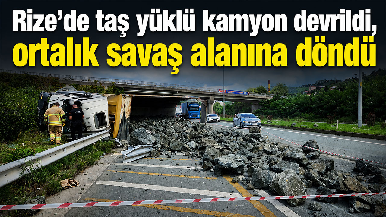 Rize’de taş yüklü kamyon devrildi, ortalık savaş alanına döndü