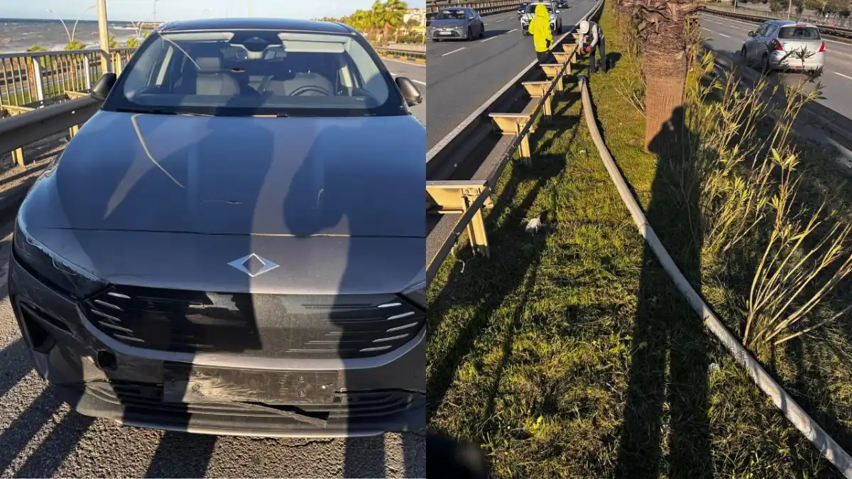 Trabzon’da faciadan dönüldü! Aydınlatma direği otomobilin üzerine düştü