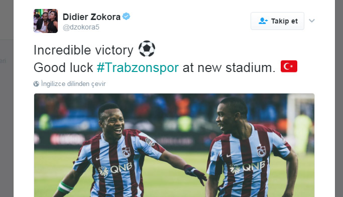 Zokora'dan Trabzonspor'a Tebrik Mesajı