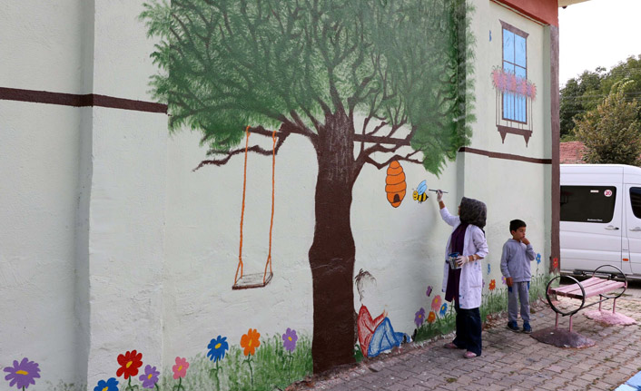 Okul duvarlarını resim ve karikatürlerle süslüyor