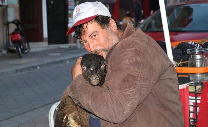 Satın aldığı koyunu bir an olsun yanından ayırmıyor