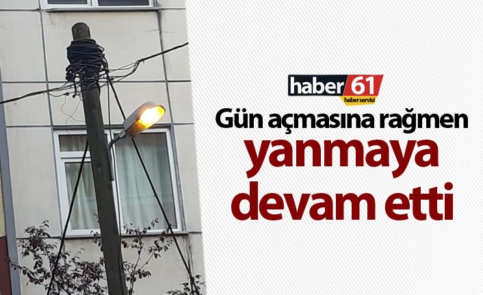 Trabzon'da gündüz yanan sokak lambası dikkat çekti