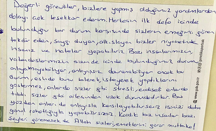 Karantinadaki vatandaşlardan görevlilere teşekkür