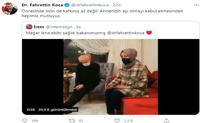 Aşı olmak istemeyen öğretmeni Sağlık Bakanı ikna etti