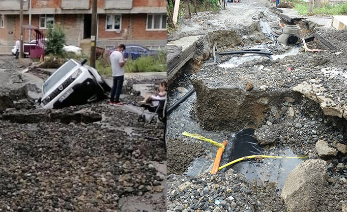 Trabzon'da şiddetli yağış etkili oldu, Arap turistin aracı çukura düştü