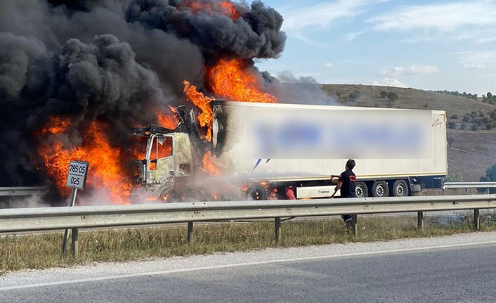 Seyir halindeki tır alevlere teslim oldu