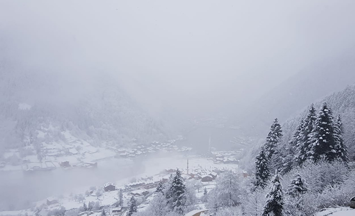 Uzungöl’de Gece Boyunca Etkili Olan Kar Yağışı Bölgeyi Beyaza Bürüdü