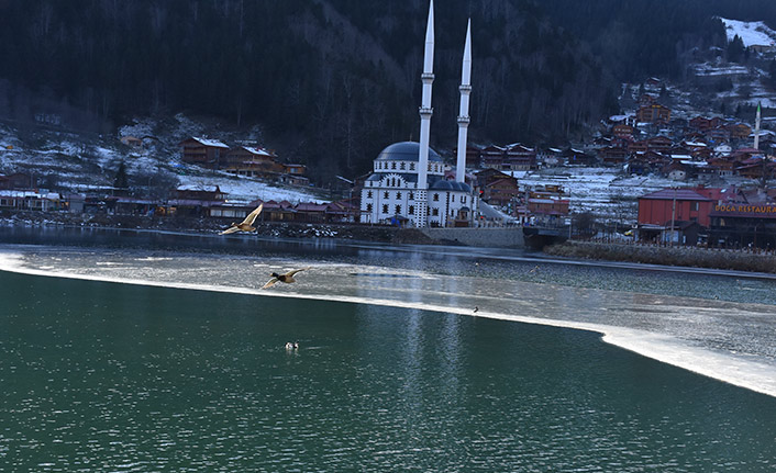 Uzungöl'ün yüzeyinin bir kısmı buz tuttu