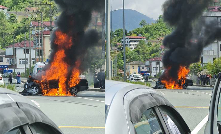 Trabzon'da kamyonetle çarpışan otomobil alev aldı: 2 yaralı