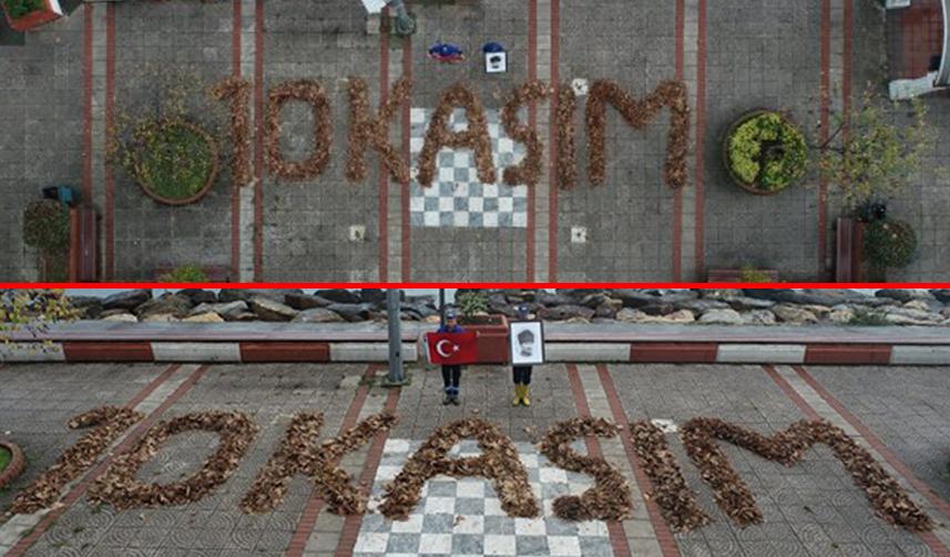 Ordu'da temizlik işçileri sonbahar yapraklarıyla "10 Kasım" yazdı