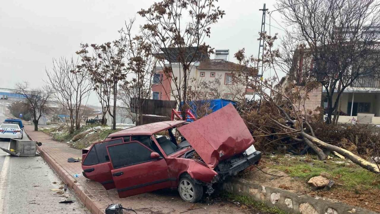 Kontrolden çıkan araç kaldırıma çıkıp ağacı yerinden söktü