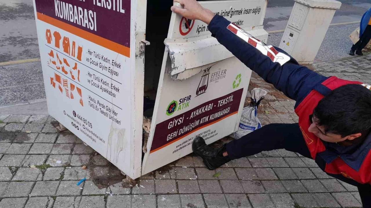 Giysi kumbarasında mahsur kalan kediyi itfaiye ekipleri kurtardı