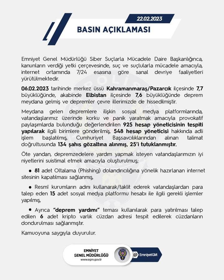 EGM: "Provokatif paylaşımlarda bulunduğu değerlendirilen 925 hesap yöneticisi tespit edildi"