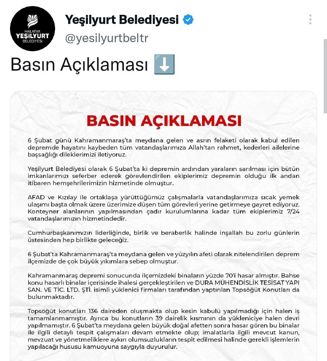 Yeşilyurt Belediyesi’nden Topsöğüt Konutları açıklaması