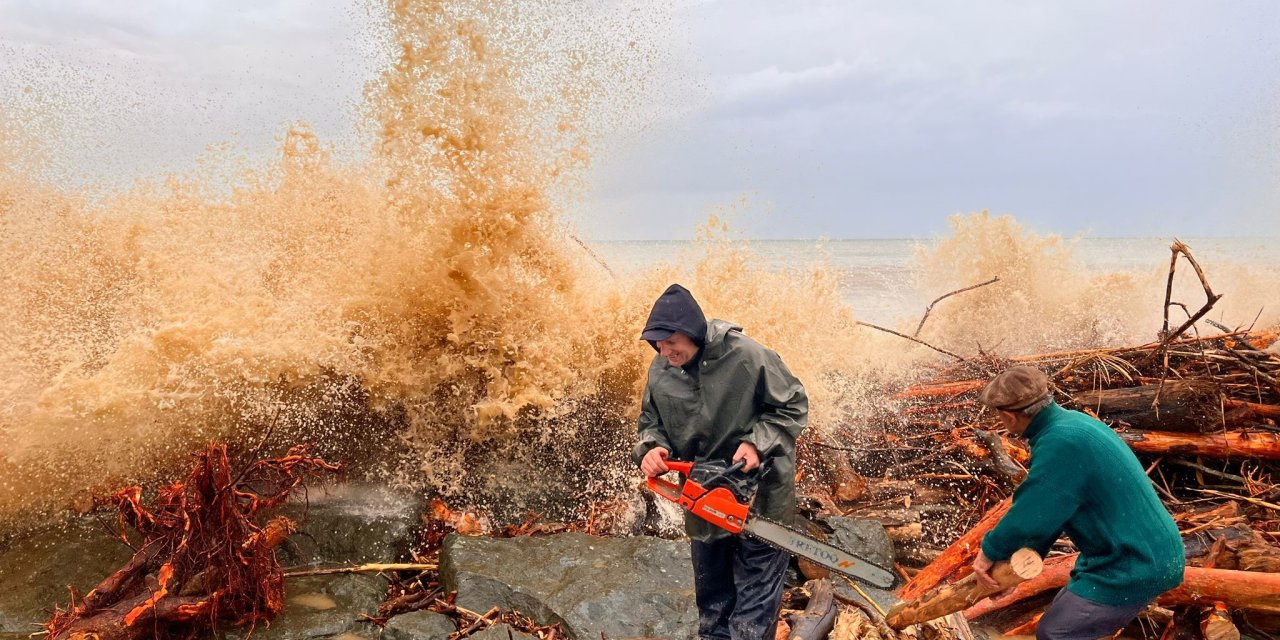 Rize'de sel sularının denize getirdiği odunlar kışlık yakacakları oldu