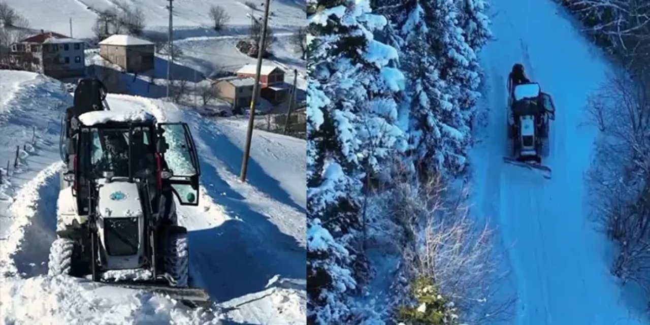 Giresun'da karla mücadele çalışmaları dronla görüntülendi