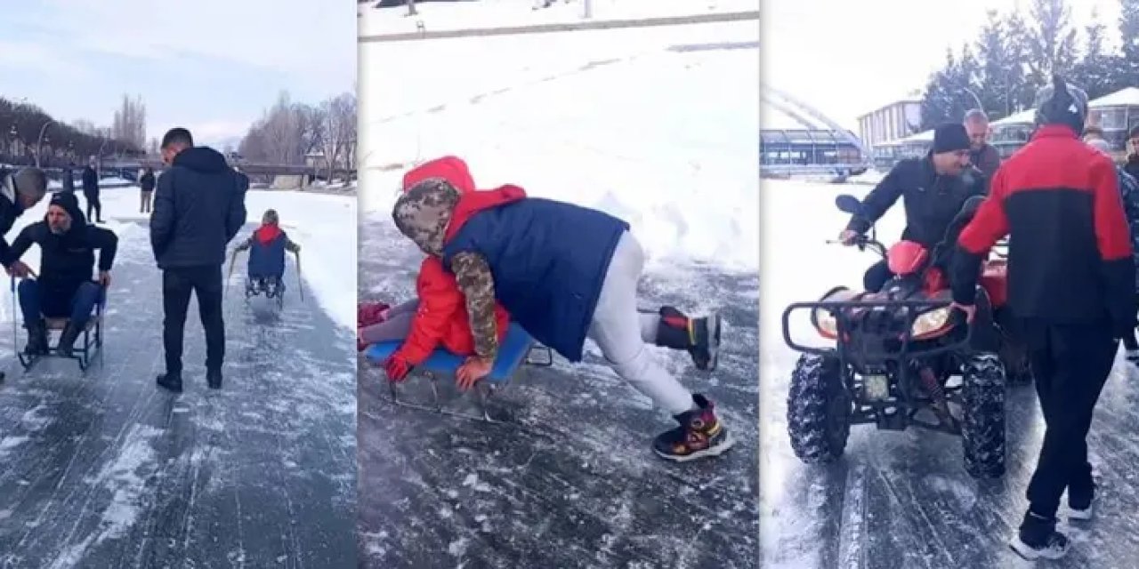 Bayburt’ta buz tutan nehirde kızak keyfi