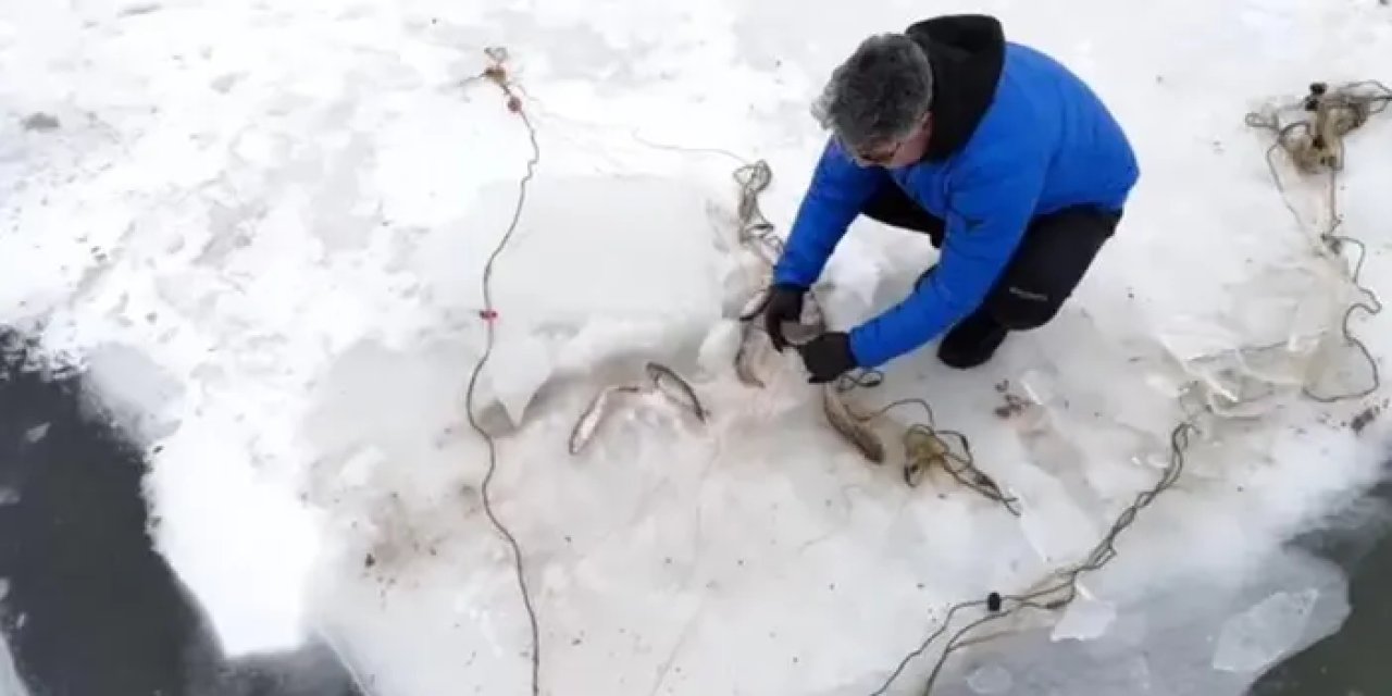 Gümüşhane’de donan gölette balık avladılar!