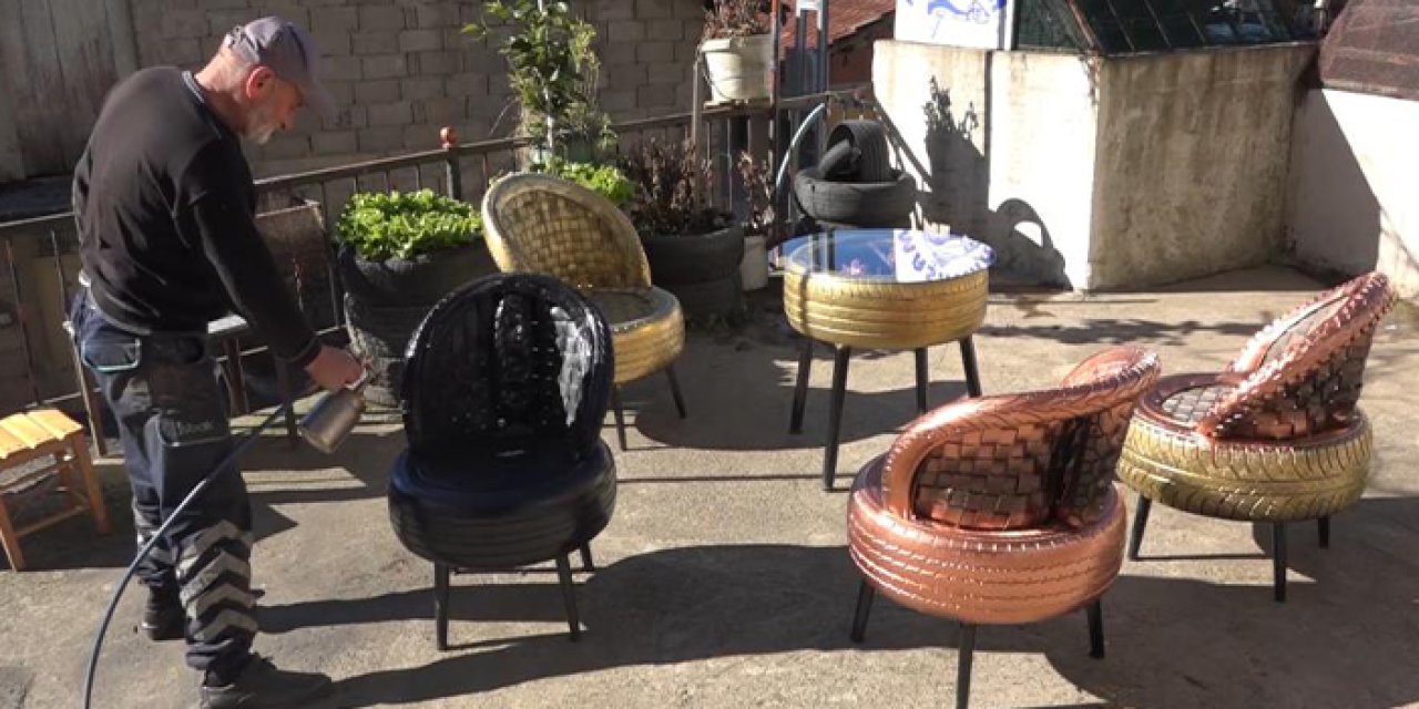 Rizeli emekli usta, atıl araba lastiklerinden oturma grubu yaptı!
