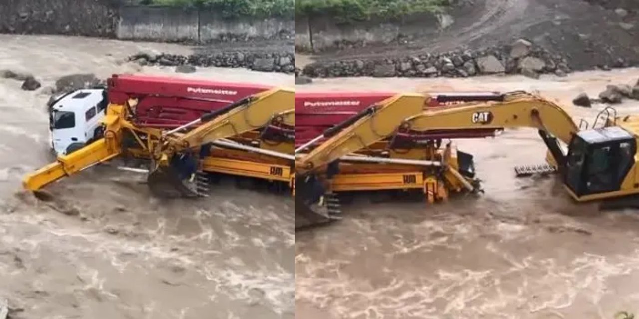 Artvin’de iş makineleri yükselen dere sularının ortasında kaldı!