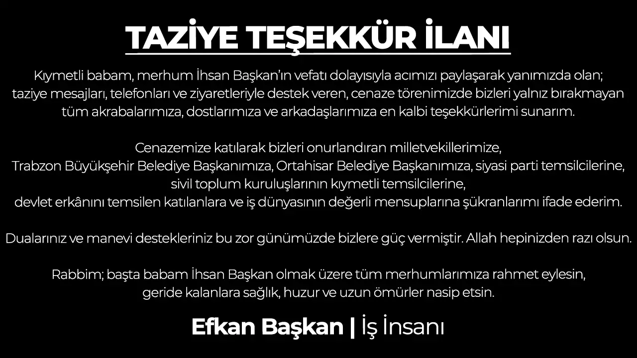 Efkan Başkan taziye teşekkür mesajı