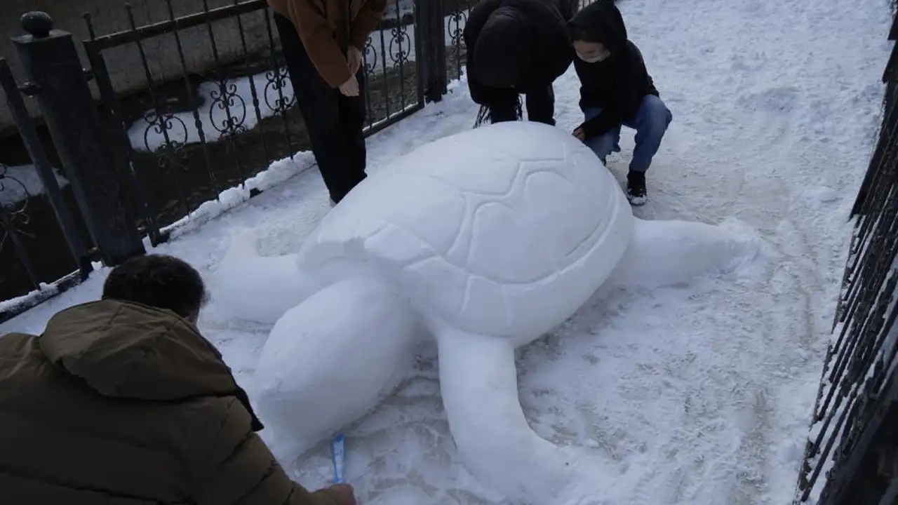 Gümüşhane’de kar sanata dönüştü: Tır şoförü ve çocuklarından kardan kaplumbağa