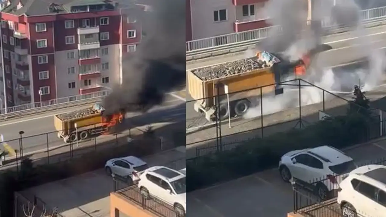 Trabzon’da taş yüklü kamyon alev aldı: O anlar kamerada