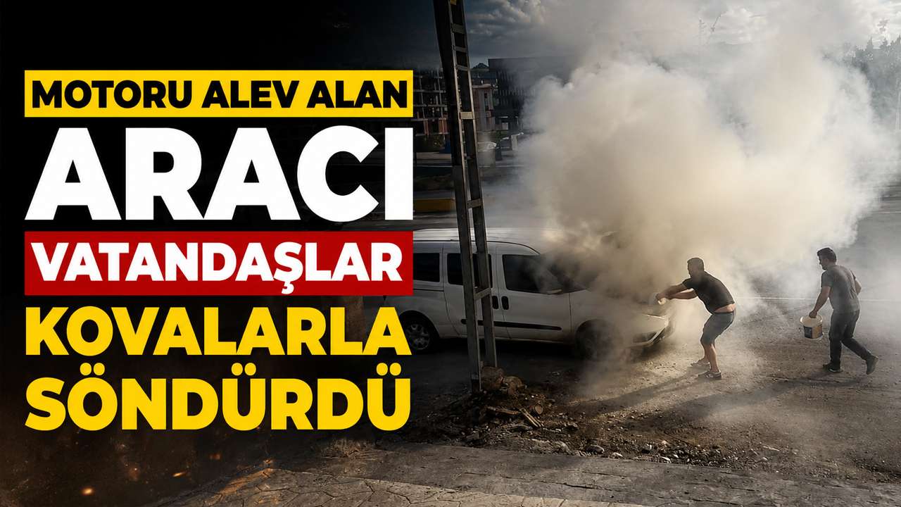 Motoru alev alan aracı vatandaşlar kovalarla söndürdü
