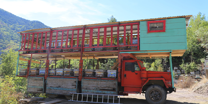 Emektar kamyonuyla 'mobil arıcılık' yapıyor