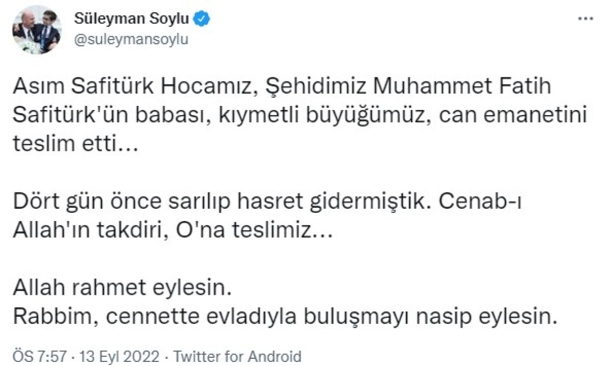Şehit Kaymakam Safitürk'ün babası Asım Safitürk vefat etti