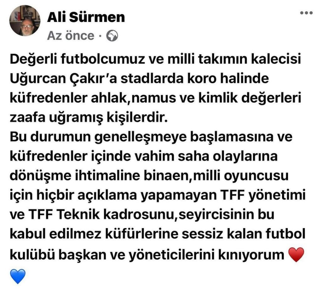 Ali Sürmen’den Uğurcan Çakır mesajı! “Kınıyorum”