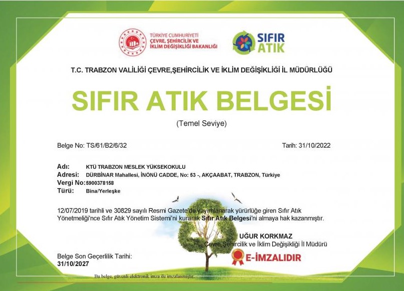 KTÜ'nün fakülte ve MYO'ları sıfır atık belgesi aldı