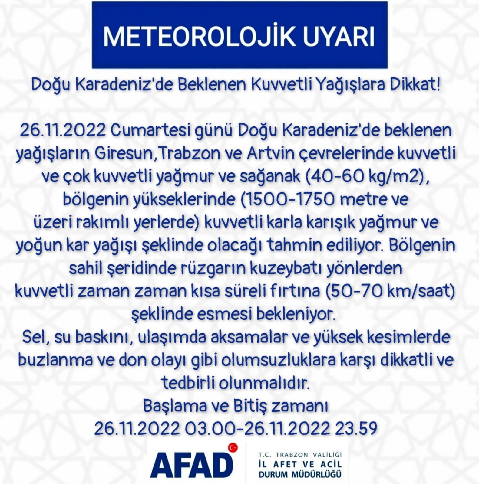 AFAD’tan Doğu Karadeniz’e kuvvetli yağış uyarısı