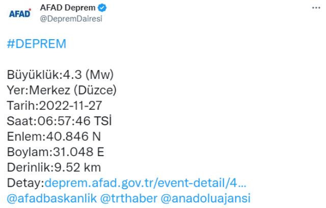 Düzce bu kez 4.3 ile sallandı! Çevre illerden de hissedildi