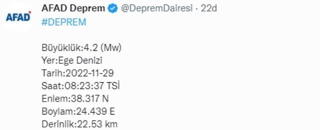 Ege Denizi'nde 4.7 büyüklüğünde deprem
