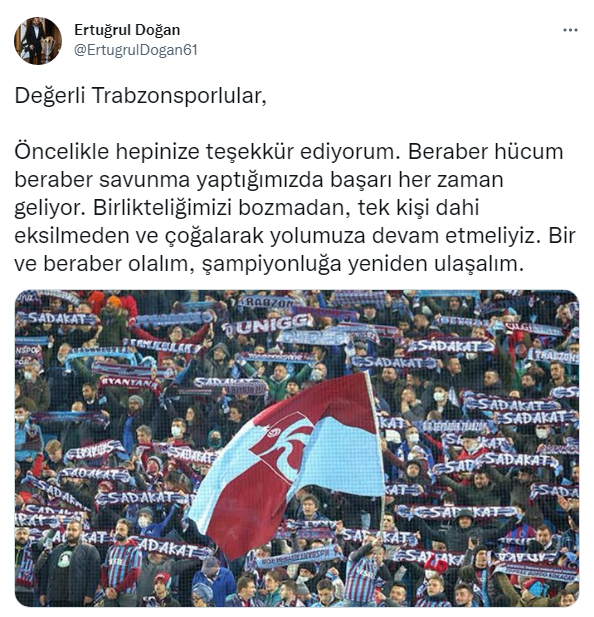 Ertuğrul Doğan’dan Trabzonspor taraftarına mesaj! “Tek kişi dahi eksilmeden…”