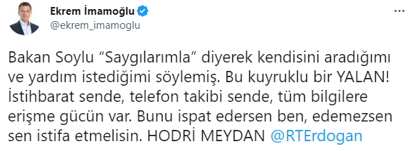 Ekrem İmamoğlu'ndan Bakan Soylu'ya yanıt! "İspat edersen ben, edemezsen sen istifa etmelisin"
