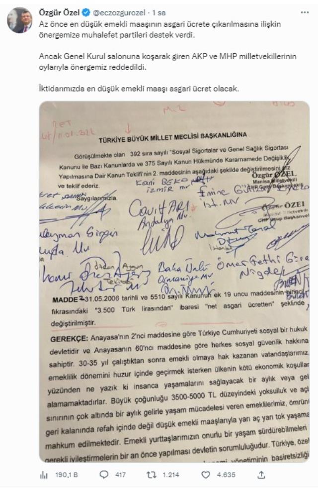 'En düşük emekli aylığı 8.500 TL olsun' teklifi yine reddedildi!