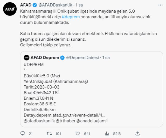 Kahramanmaraş'ta 5,0 büyüklüğünde deprem!
