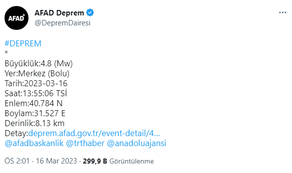 Bolu'da 4.8 büyüklüğünde deprem