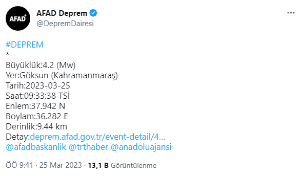 Kahramanmaraş'ta 4,2 büyüklüğünde deprem!