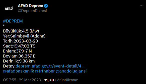 Adana'da 4,5 büyüklüğünde deprem!