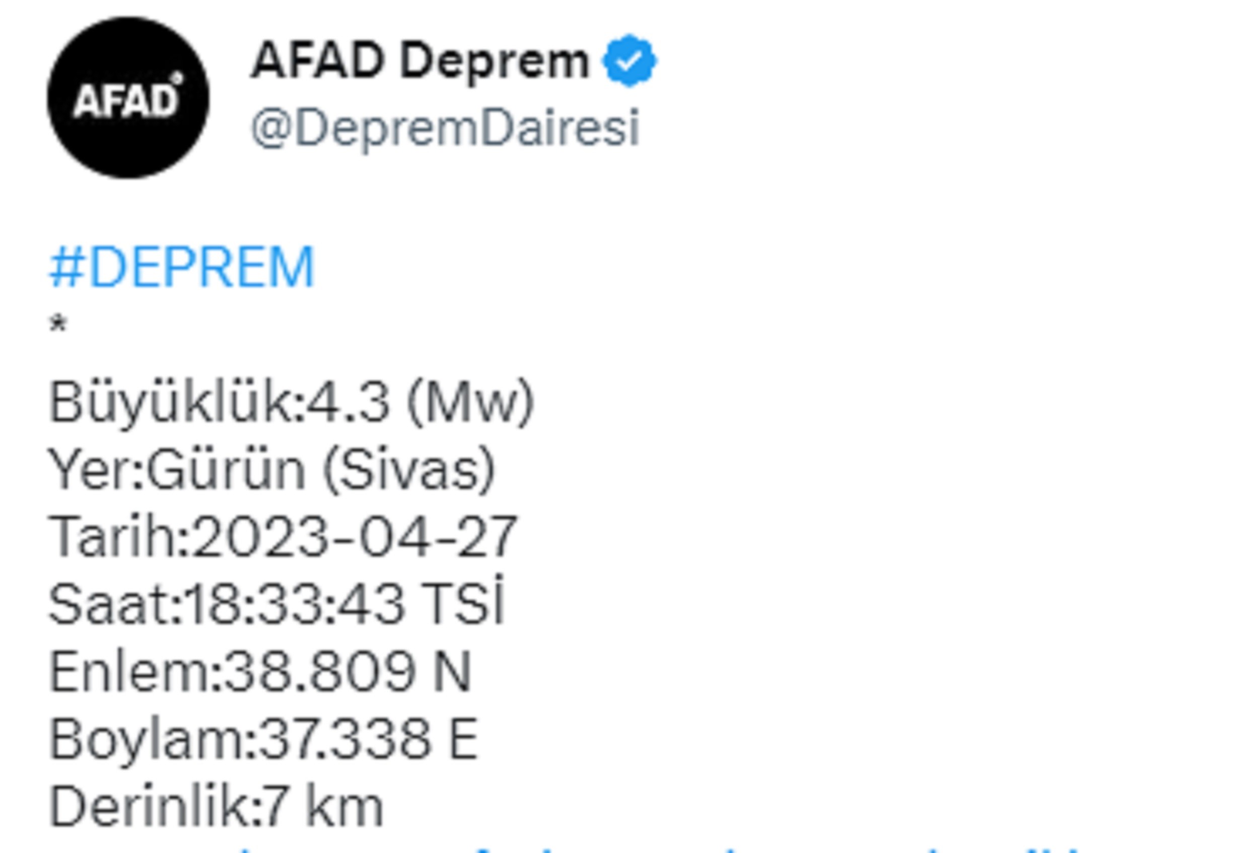 Sivas'ta 4,3 büyüklüğünde deprem