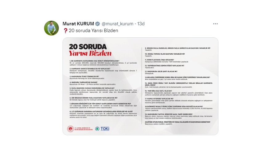 Bakan Kurum kentsel dönüşüm kampanyasının detaylarını paylaştı! 