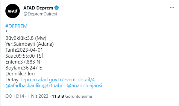 Adana'da 3,8 büyüklüğünde deprem!