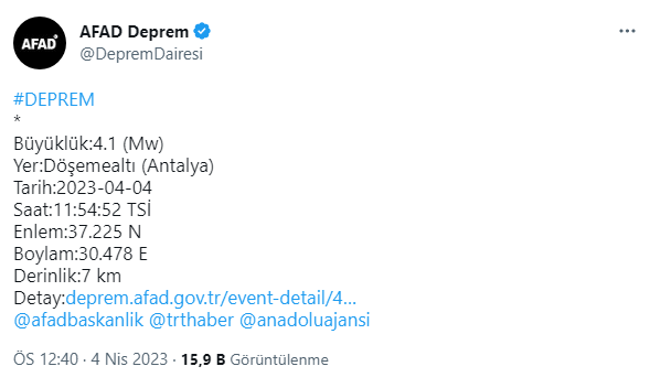 Antalya’da 4,1 büyüklüğünde deprem!
