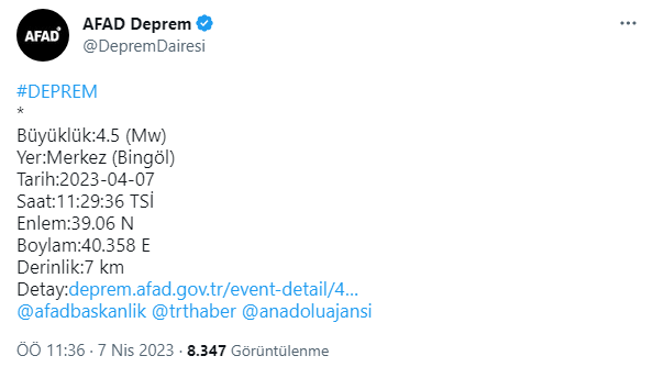 Bingöl’de 4,5 büyüklüğünde deprem!